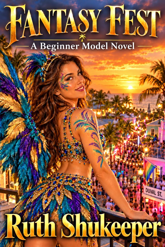 Fantasy Fest — Book Four cover: a woman in a feathered carnival costume and body paint on a balcony above Duval Street in Key West at sunset